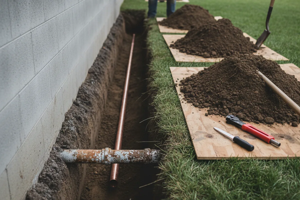 Excavated water line trench during Sewer Line Repair in Bear Creek